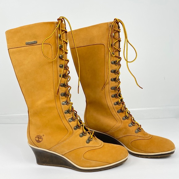 Timberland Shoes - Timberland Tan Lace Up Wedge Heel Boots Sz 9